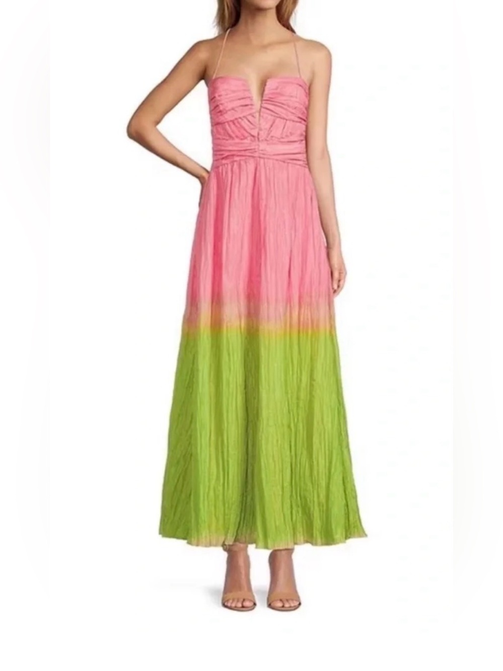 ANTONIO MELANI Pink and Lime Green Ombre Strapless Maxi Dress